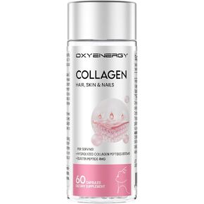 OXYENERGY Collagen Peptides Capsules for Women, 800mg Hydrolyzed Collagen(Types I) Supplements with Elastin Peptides, 60 Collagen Pills to Promotes Hair, Nail, Skin, Colágeno en Capsulas
