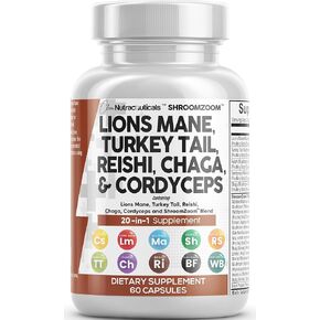Lions Mane 3000mg 20in1 Mushroom Supplement with Turkey Tail 2000mg Reishi 1000mg Cordyceps Chaga 1000mg Maitake Meshima Poria Cocos Shiitake Oyster Porcini Enoki Cognitive, Energy, Focus Pills USA
