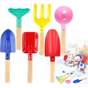 UMUACCAN 6 Piece 8'' Beach Toys for Kids, Kids Gardening Tools Sand Toys Set Metal Garden Tools with Sturdy Wooden Handle, Cylinder, Spoon, Fork, Rake, Flat Shovel & Pointed Shovel