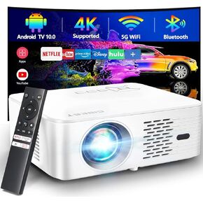 4K Support Android TV 10.0 Projector 5G WiFi Bluetooth Native 1080P, CIBEST Full-Sealed Optical Engine Home Movie FHD Projector with Netflix/Prime Video Built-in, 8000+ Apps, Autofocus, Stereo Sound