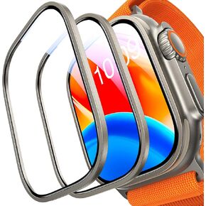 زجاج UltraGlass TOP 9H+ لساعة Apple Watch Ultra 2/واقي شاشة فائق (من الدرجة العسكرية مقاوم للكسر وأطول متانة) مناسب أصلي وتغطية كاملة (إطار تيتانيوم معزز) iWatch Ultra، عبوتان