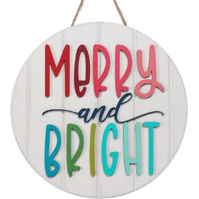 3D Christmas Merry and Bright Ornament Door Hanger Farmhouse Style Christmas Front Door Sign Christmas Decor Wooden Wreath (MERRY&BRIGHT)