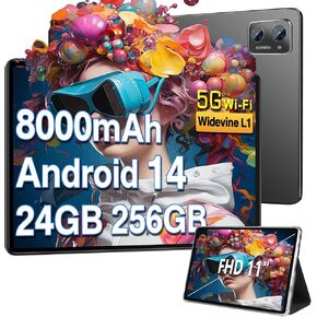 Tablet 11 inch Android 14 Tablets, 24GB RAM 256GB ROM 1TB Expand, Octa-core 8000mAh Battery Tablet PC with 13MP Camera, IPS HD Touchscreen, 5G WiFi, Widevine L1, Bluetooth 5.0, GPS - Black