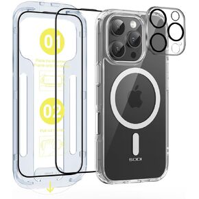 SODI 3 in 1 Magnetic Phone Case Designed for iPhone 16 Pro with 1X Screen Protector & 1X Camera Lens Protector, Military-Grade Protection Phone Case Compatible with MagSafe [Not-Yellowing],Clear
