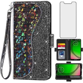Phone Case for Moto G7 Play/MotoG7 Optimo XT1952DL/Tmobile Revvlry Wallet Cover with Screen Protector and Flip Card Holder Bling Glitter Cell Motorola MotoG7Play Moto7 G 7 7G G7Play Women Girls Black