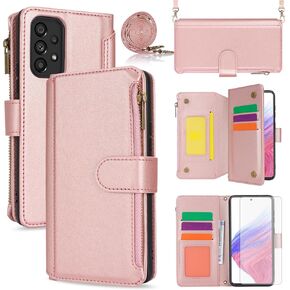 Asuwish Phone Case for Samsung Galaxy A53 5G Wallet Cover with Tempered Glass Screen Protector and Crossbody Wrist Strap Flip RFID Blocking Card Holder Cell A 53 G5 53A SM A536U 6.5" 2022 Women Black