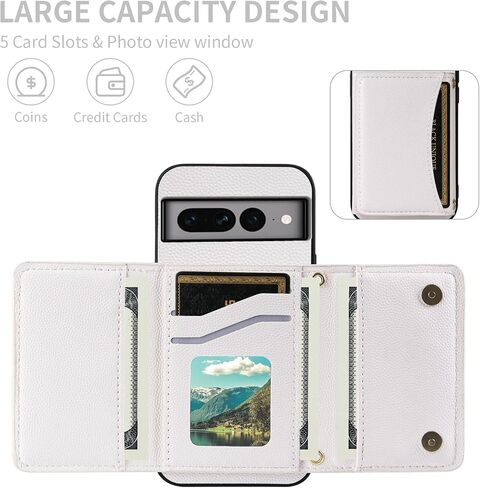 Phone Case for Google Pixel 7 Pro 5G Wallet Cover with Crossbody Shoulder Strap and Leather Credit Card Holder Pocket Slim Cell Accessories Pixel7Pro Pixel7 XL Seven 7Pro 6.7 Girls White in Kuwait