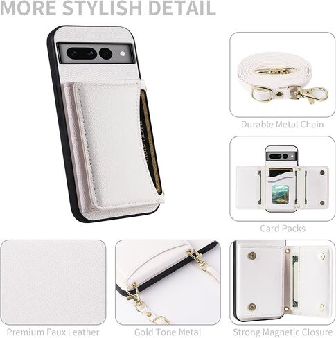 Phone Case for Google Pixel 7 Pro 5G Wallet Cover with Crossbody Shoulder Strap and Leather Credit Card Holder Pocket Slim Cell Accessories Pixel7Pro Pixel7 XL Seven 7Pro 6.7 Girls White in Kuwait