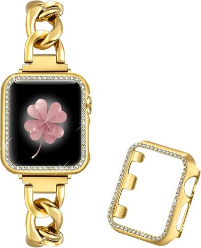 Dilando Cool Chain Metal Link Bands Compatible with Apple Watch 38mm 40mm 41mm Women Men, Gold Stainless Steel Bracelet with Bling Case for Iwatch SE series 8 7 6 5 4 3 2 1(Gold,38mm) in Saudi Arabia
