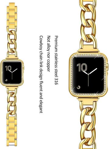 Dilando Cool Chain Metal Link Bands Compatible with Apple Watch 38mm 40mm 41mm Women Men, Gold Stainless Steel Bracelet with Bling Case for Iwatch SE series 8 7 6 5 4 3 2 1(Gold,38mm) in Saudi Arabia
