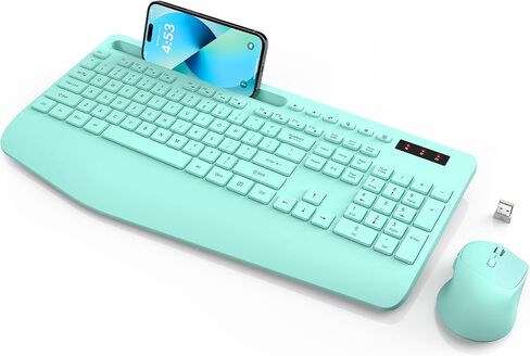 لوحة مفاتيح وماوس لاسلكيين من SABLUTE، مسند معصم مريح، حامل هاتف، مجموعة لوحات مفاتيح خالية من التأخر 2.4G، مجموعة لاسلكية صامتة للكمبيوتر والكمبيوتر المحمول والكمبيوتر الشخصي وأجهزة Mac والنوافذ، تعمل بالبطارية، أخضر نعناعي in Kuwait