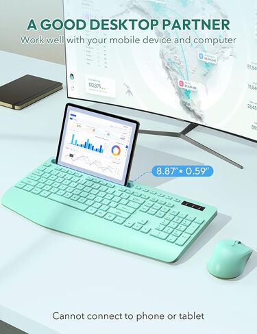 لوحة مفاتيح وماوس لاسلكيين من SABLUTE، مسند معصم مريح، حامل هاتف، مجموعة لوحات مفاتيح خالية من التأخر 2.4G، مجموعة لاسلكية صامتة للكمبيوتر والكمبيوتر المحمول والكمبيوتر الشخصي وأجهزة Mac والنوافذ، تعمل بالبطارية، أخضر نعناعي in Kuwait