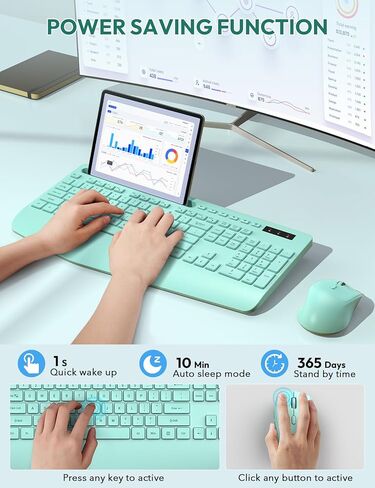 لوحة مفاتيح وماوس لاسلكيين من SABLUTE، مسند معصم مريح، حامل هاتف، مجموعة لوحات مفاتيح خالية من التأخر 2.4G، مجموعة لاسلكية صامتة للكمبيوتر والكمبيوتر المحمول والكمبيوتر الشخصي وأجهزة Mac والنوافذ، تعمل بالبطارية، أخضر نعناعي in Kuwait