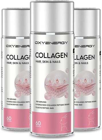OXYENERGY Collagen Peptides Capsules for Women, 800mg Hydrolyzed Collagen(Types I) Supplements with Elastin Peptides, 60 Collagen Pills to Promotes Hair, Nail, Skin, Colágeno en Capsulas in Kuwait