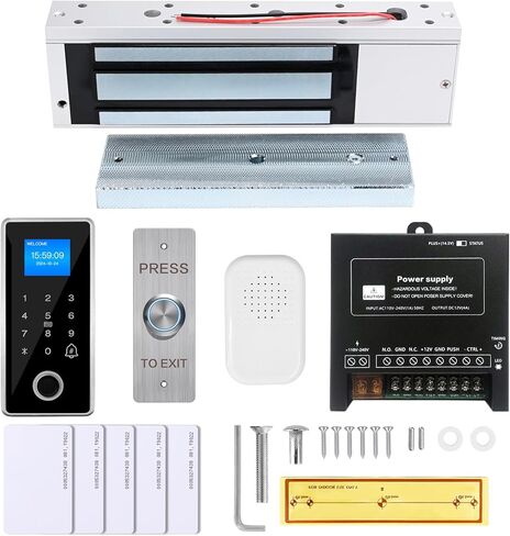 Waterproof Electric Magnetic Fingerprint Door Access Control Kit - 600 lb Holding Force, RFID Keypad/Reader, 5 ID Cards, 110V Power Supply & Metal Exit Button - Secure Lock System (K5EM-600LB KIt) in Kuwait