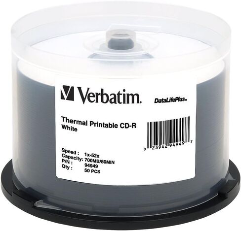 Verbatim CD-R 700MB 52X DataLifePlus White Thermal Printable, Hub Printable - 50pk Spindle in Saudi Arabia