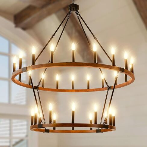 HHR 2 Tier Wagon Wheel Chandelier 36-Light 48 Inch, Extra Large Black Round Rustic Candle Farmhouse Pendant Light Fixture for High Ceilings, Dining Room Living Room Kitchen Island Foyer Entryway in Kuwait