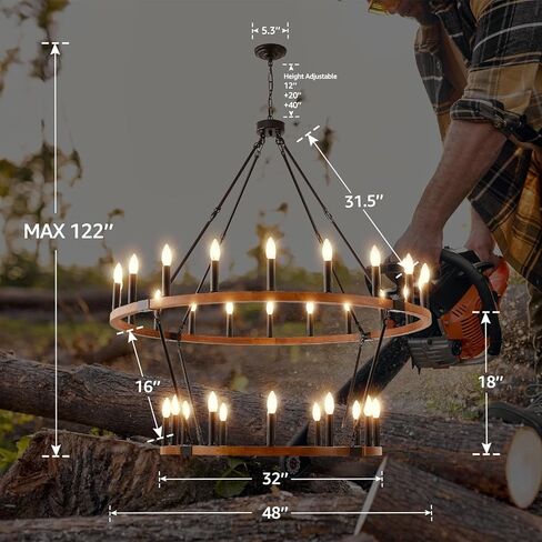 HHR 2 Tier Wagon Wheel Chandelier 36-Light 48 Inch, Extra Large Black Round Rustic Candle Farmhouse Pendant Light Fixture for High Ceilings, Dining Room Living Room Kitchen Island Foyer Entryway in Kuwait