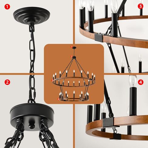 HHR 2 Tier Wagon Wheel Chandelier 36-Light 48 Inch, Extra Large Black Round Rustic Candle Farmhouse Pendant Light Fixture for High Ceilings, Dining Room Living Room Kitchen Island Foyer Entryway in Kuwait