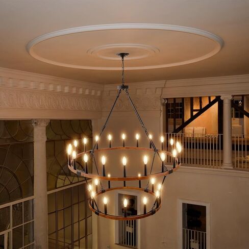 HHR 2 Tier Wagon Wheel Chandelier 36-Light 48 Inch, Extra Large Black Round Rustic Candle Farmhouse Pendant Light Fixture for High Ceilings, Dining Room Living Room Kitchen Island Foyer Entryway in Kuwait