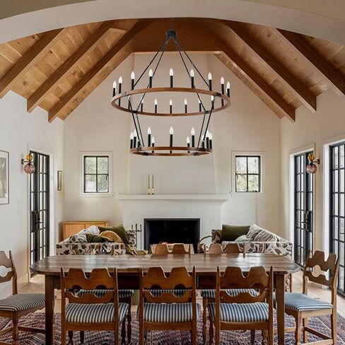 HHR 2 Tier Wagon Wheel Chandelier 36-Light 48 Inch, Extra Large Black Round Rustic Candle Farmhouse Pendant Light Fixture for High Ceilings, Dining Room Living Room Kitchen Island Foyer Entryway in Kuwait