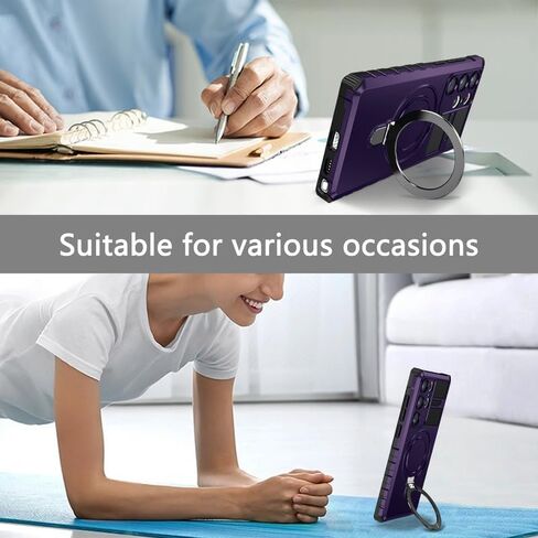حافظة Losin متوافقة مع حامل مغناطيسي لهاتف Galaxy S24 Ultra [متوافقة مع MagSafe] [حماية من السقوط] [واقي عدسة الكاميرا] حافظة واقية مقاومة للصدمات مع مسند غير مرئي قابل للدوران، أرجواني in Kuwait