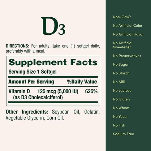 Nature's Bounty Vitamin D3, immune and bone support, 5000IU, Softgels, 150 Ct in Kuwait