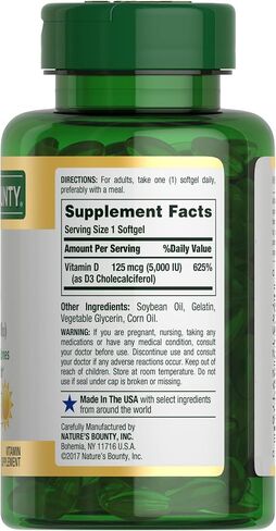 Nature's Bounty Vitamin D3, immune and bone support, 5000IU, Softgels, 150 Ct in Kuwait