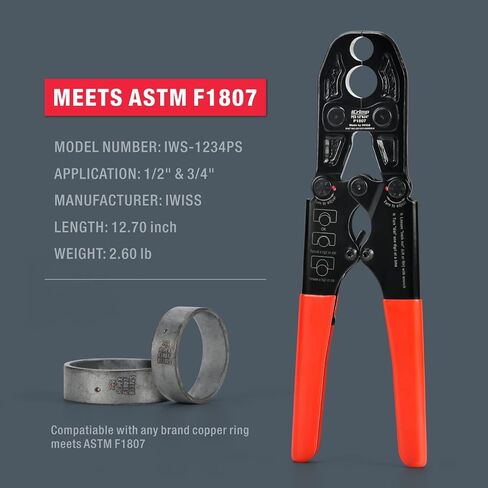iCrimp IWS-1234N Pex Pipe Crimping Tool, Plumbing Tool with Convertible 1/2" and 3/4" Jaws for Copper Ring, meets ASTM 1807 Standard in Saudi Arabia