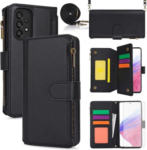 Asuwish Phone Case for Samsung Galaxy A53 5G Wallet Cover with Tempered Glass Screen Protector and Crossbody Wrist Strap Flip RFID Blocking Card Holder Cell A 53 G5 53A SM A536U 6.5" 2022 Women Black in Saudi Arabia