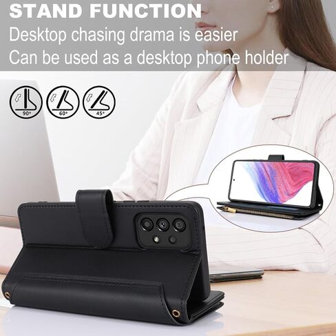 Asuwish Phone Case for Samsung Galaxy A53 5G Wallet Cover with Tempered Glass Screen Protector and Crossbody Wrist Strap Flip RFID Blocking Card Holder Cell A 53 G5 53A SM A536U 6.5" 2022 Women Black in Saudi Arabia