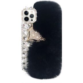 Losin Plush Case Compatible with Apple iPhone 13 Pro Max 6.7 Inch Case Cute Fuzzy Furry Winter Rabbit Hair Warm Plush Fluffy Fur Diamond Gemstone 3D Fox Head Soft TPU case Pink