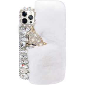 Losin Plush Case Compatible with Apple iPhone 13 Pro Max 6.7 Inch Case Cute Fuzzy Furry Winter Rabbit Hair Warm Plush Fluffy Fur Diamond Gemstone 3D Fox Head Soft TPU case Pink in Kuwait