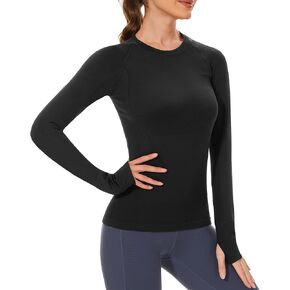 Stelle Women Workout Shirts Seamless Long Sleeve Yoga Tops with Thumb Holes for Sports Running Breathable Athletic Slim Fit