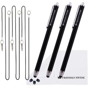 The Friendly Swede High Precision Stylus Pens for Touch Screens - 3pcs 5.5" Stylus Pen with Replaceable Thin-Tip; Incl. Replacement Tips, Lanyards & Screen Cleaning Cloth - Aqua Blue/Dark Blue/Purple