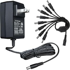 12V 3A/3000mA 6ft Power Supply Adapter, 100-240V 50/60Hz AC to DC 36W 20AWG Wall Charger with 1 to 8 Way DC Power Output Y Adapter Cable Cord for LED Strip Light, CCTV Camera, Router, DVR, ETL FCC