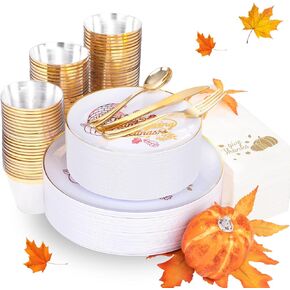 U-QE 125PCS Thanksgiving Plastic Plates with Gold Plastic Silverware, White and Gold Plates for 25 Guests Include 25 Dinner Plates 10.25", 25 Salad Plates 7.5",25 Forks,25 Knives,25 Spoons for Parties