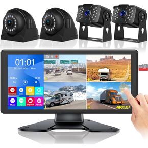 RV Backup Camera for RV Truck Semi Truck Trailer, 4K 10.36" Touch Monitor with Recording DVR MP5 Bluetooth Adjustable Parking Assist Line & Four 1080P AHD IP69 Waterproof Rear Side View Backup Cameras