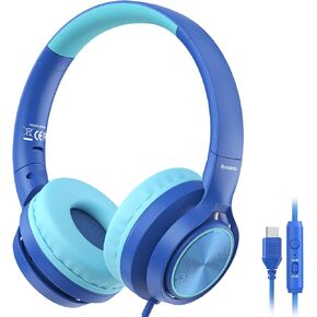 Upgrade USB-C Kid Headphone with Microphone, Safe Volume Limiter 85/94dB, Foldable Over Ear Wired Headphones for Toddlers/Boys/Girls/School/iPad/Laptop/Travel