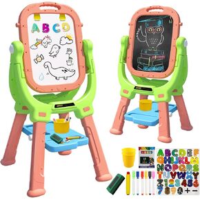 Easel for Kids Including 100+ Accessories, Kids Easel Double Sided Wooden, White Board & Magnetic Drawing Board & Paper Roll, Height Adjustable Standing Art Easel for Kids 2-4 4-8 9-12