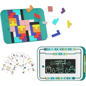 LCD Writing Tablet for Kids, Drawing Board with Wooden Building Blocks, Word Cards and Removable 26 Letters, Educational Learning Homeschool Party Favor Games Toys for 3 4 5 6 7 Years Old Girls Boys