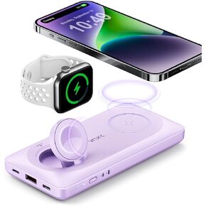 VRURC Magnetic Wireless Charger, 10000mAh Portable Charger, 3 in 1 Power Bank, 22.5W Fast Charing Compatible with iPhone Series, Apple Watch and AirPods 3/2/Pro - White