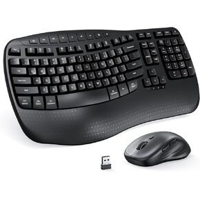 MEETION New Ergonomic Keyboard and Mouse Wireless Combo, Wavy Keys Natural Typing, 2.4G Wireless Keyboard Full Size with Wrist Rest, 4 Adjustable DPI Wireless Mouse, Windows/Mac/Computer/Laptop, Black