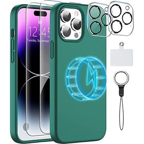 MOZOTER 6-in-1 Magnetic Silicone Case for iPhone 14 Pro Max Case,[12 FT Shockproof Compatible with Magsafe][2 Pcs Glass Screen Protector+Camera Lens Protector] [Heavy Duty] Phone Case Cover 6.7''