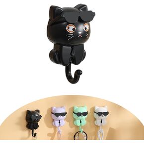 Adhesive Coat Hooks Key Holder, Creative Adhesive Cute Cat Key Hook, Home Storage Utility Wall Decorations for Hanging Hat, Key, Towel, Scarf, Bags, Punch Free (Black+White+Green+Purple)