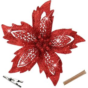 Briful 3PCS Christmas Glitter Poinsettia Flowers 3 Heads Large Artificial Clivia Floral Picks 24 Inch Long Stem Fake Flowers Ornaments for Xmas Tree Vase Table Centerpiece Decor (Champagne Gold)