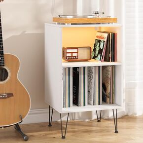 HOMMPA Record Player Stand with LED Lights White Record Storage Stand Vinyl Record Storage Cabinet with Metal Hairpin Legs Turntable Stand Table Holds Up to 150 Albums for Living Room Bedroom White