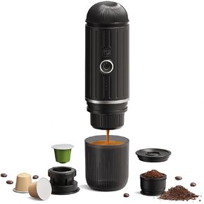 Portable Electric Espresso Machine, Travel Coffee Maker for Camping, Car Coffee Maker Self-Heating with USB-C, With Ground Coffee & NS Capsule for RV, Hiking, Office(Black)