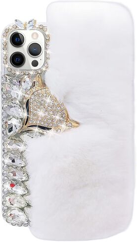 Losin Plush Case Compatible with Apple iPhone 13 Pro Max 6.7 Inch Case Cute Fuzzy Furry Winter Rabbit Hair Warm Plush Fluffy Fur Diamond Gemstone 3D Fox Head Soft TPU case Pink in Kuwait