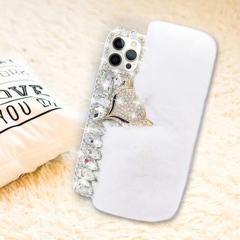Losin Plush Case Compatible with Apple iPhone 13 Pro Max 6.7 Inch Case Cute Fuzzy Furry Winter Rabbit Hair Warm Plush Fluffy Fur Diamond Gemstone 3D Fox Head Soft TPU case Pink in Kuwait